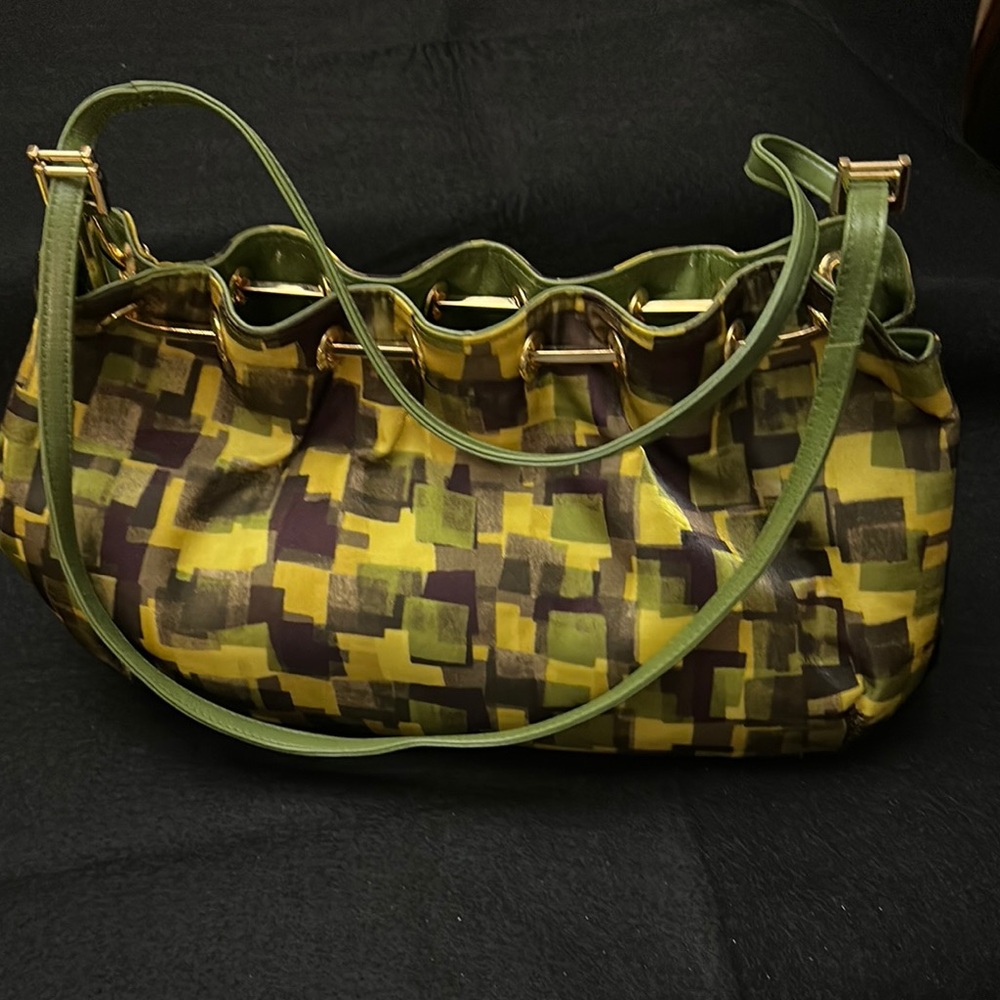 Vintage Charles Jourdan Geometric Patterned Handbag with Green Straps